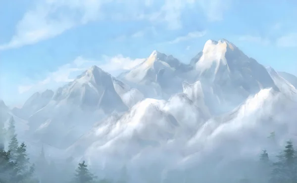Uma Ilustração Montanhas Maciças Cobertas Neve Fundo Céu Azul — Fotografia de Stock