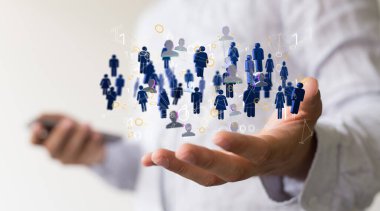 Takım iletişiminin 3 boyutlu görüntüsü ve soyut sosyal ağ bağlantı sembolleri erkeklerin el ele tutuşması