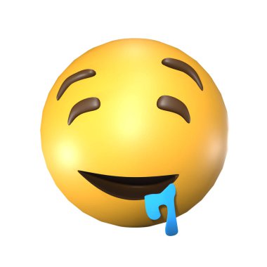 Beyaz arka planda salyalı sarı bir emojinin 3 boyutlu bir çizimi