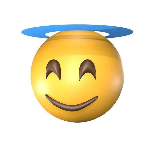 A 3D illustration of a yellow emoji with an angel face on a white background