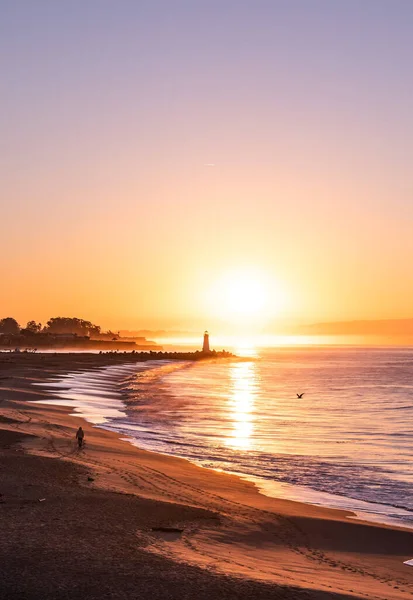 Colpo Verticale Faro Che Affaccia Bellissimo Oceano Durante Tramonto — Foto Stock