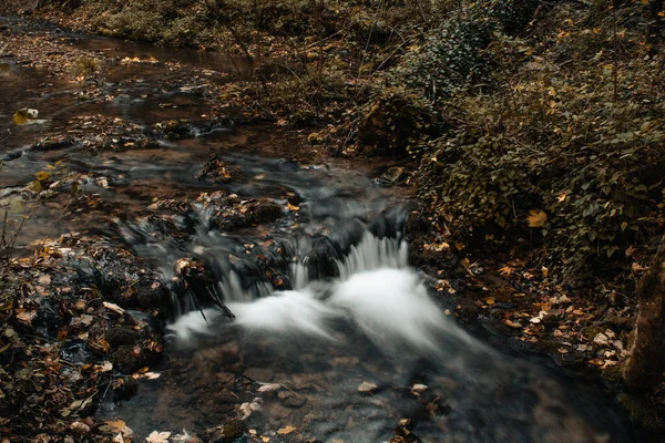 Eine Lange Belichtung Eines Fließenden Flusses Wald Herbst — Stockfoto