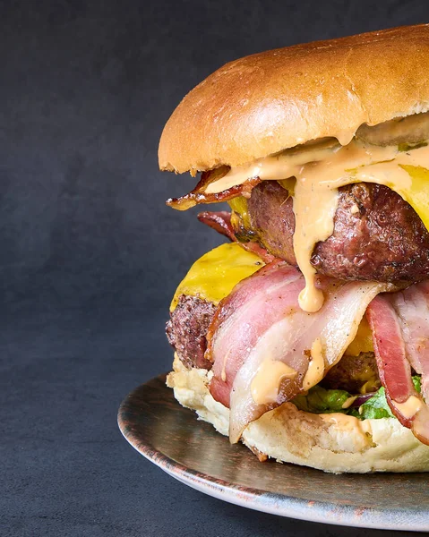 Dikey Bir Bavyera Hamburgeri Yanında Tabakta Duble Biftek — Stok fotoğraf
