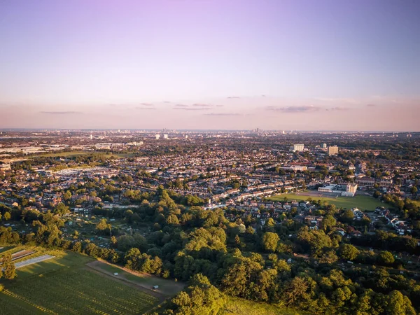 Beautiful Aerial View Town Traditional British Houses Farmland Sunrise — Stock Photo, Image