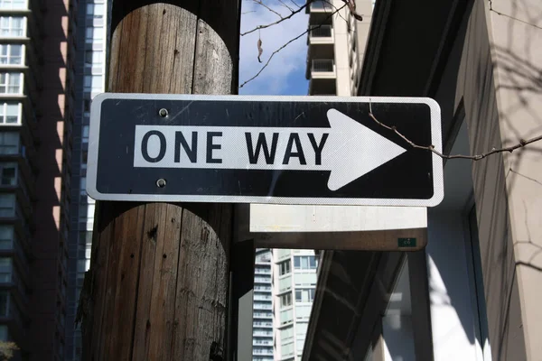 Direction Sign Arrow Text One Way Downtown Vancouver British Columbia — Stock Photo, Image