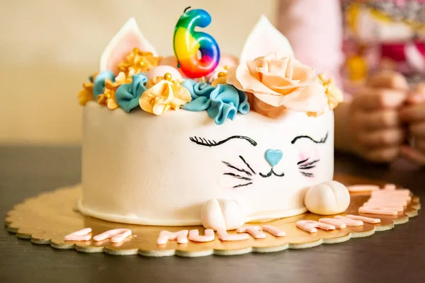 A beautiful birthday cake with a cat face design on a table in a blurred background