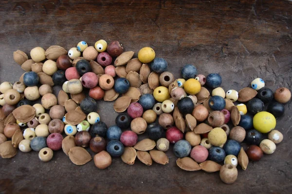 Closeup Old Wooden Beads Apricot Pits — Stock Photo, Image