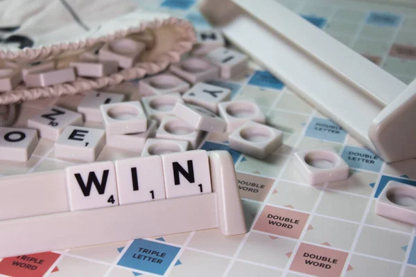 Closeup White Cubes Spelling Word Win Board Game — Stock Photo, Image