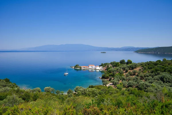 Gyönyörű Táj Kilátással Tengerre Görögország Nyaralás Pelion Hegy Milina Falu — Stock Fotó