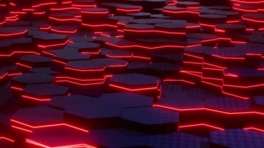 Hareket grafiklerinde 3D animasyon, HD arkaplan elektrik kırmızı ışıklarıyla modern dijital altıgen deseni