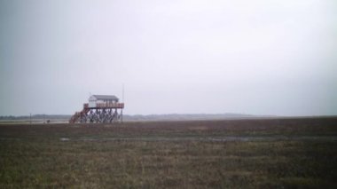 Bulutlu bir günde St. Peter 'da duran ağaç sütunların üzerindeki sahil evi gelgitler arası çamurlu düzlükte sipariş veriyor..