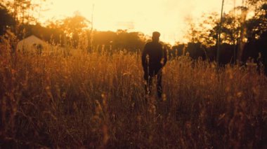 Fazla gelişmiş bir tarlada güneş ışığı altında bir insanın silueti.