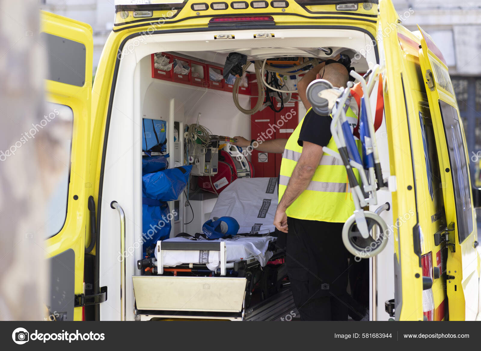 Yellow Ambulance Car Equipment Staffer Seen Open Door Stock Editorial