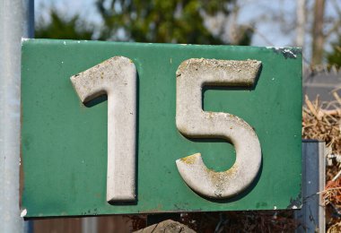 Metalik desenli bir tabela üzerinde 15 numaranın yakın çekim görüntüsü..