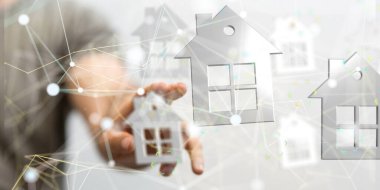 3D 'ye dokunan bir el dijital siber uzay ve güvenlik konsepti için ev simgeleri oluşturdu