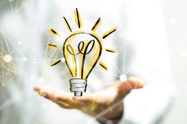 Bir el sinirsel ağı ve siber güvenlik kavramının üzerine üç boyutlu sarı ampul ikonu çizimi