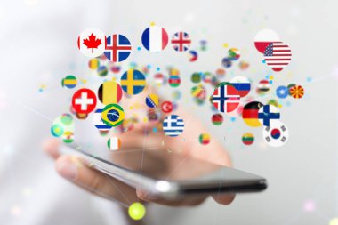 Bir akıllı telefonun üzerinde dalgalanan uluslararası bayrakların ve sinirsel bağlantıların 3D görüntülenmesi