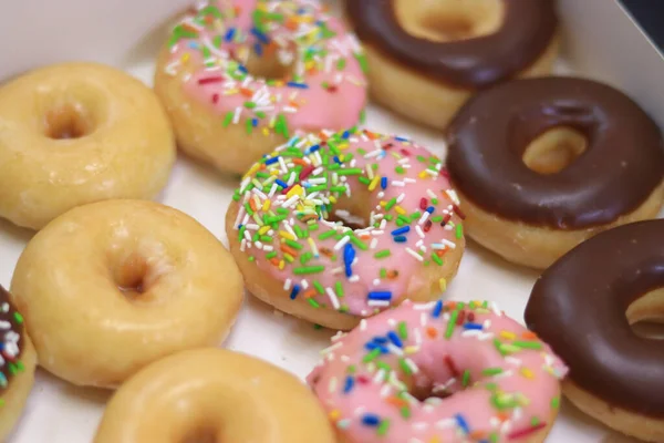 Closeup Shot Tasty Colorful Donuts White Box — Stock Photo, Image