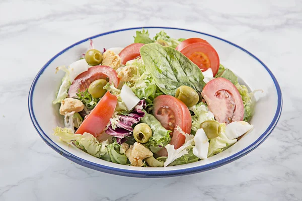Closeup Shot Fresh Vegetable Salad Blue White Plate — Stock Photo, Image