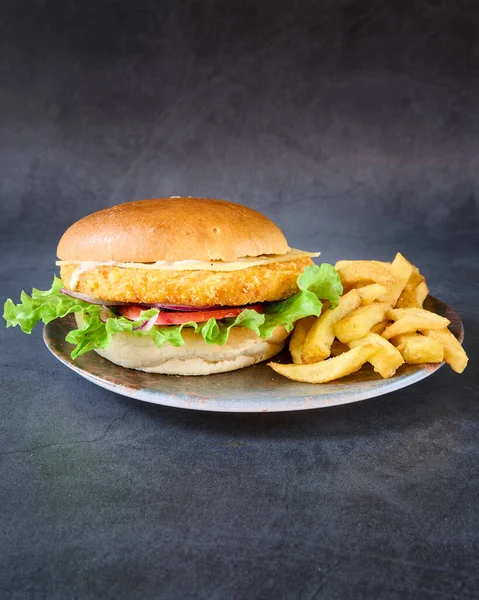 Tavuklu Burgerin Yakın Plan Resmi Tabakta Patates Kızartması Var — Stok fotoğraf
