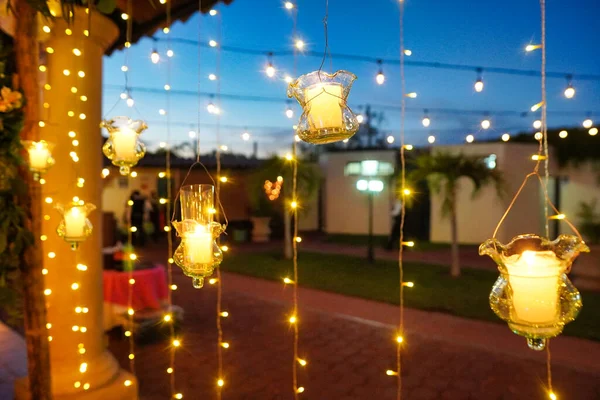 Wedding Reception Venue Decorated String Lights Candles — Stock Photo, Image