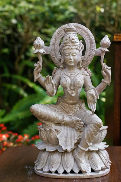 A closeup of a sculpture of an Indian deity