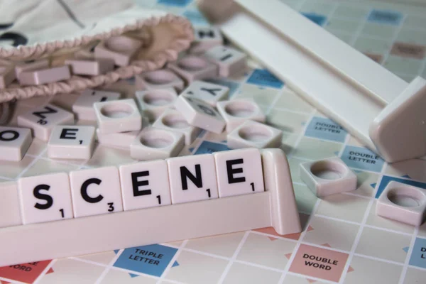 Closeup Word Scene Spelling White Cubes Scrambling Board Game — Stock Photo, Image