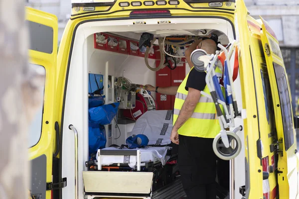 Yellow Ambulance Car Equipment Staffer Seen Open Door — Stock Photo, Image