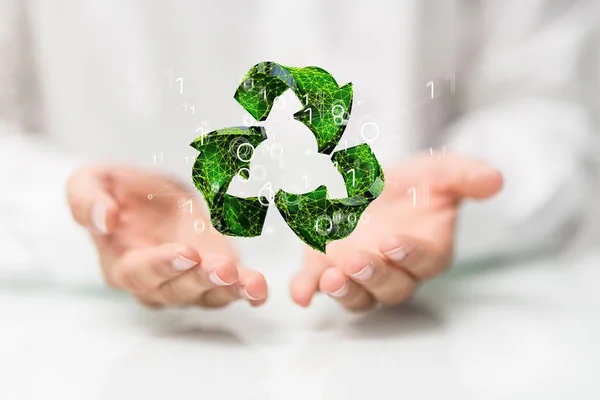 A 3D rendering of a floating recycling icon on a man's hand