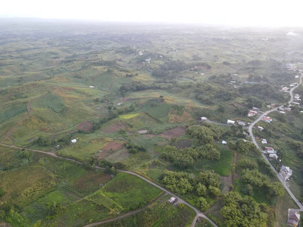 Una Toma Aérea Del Paisaje Campos Verdes Árboles Verdes Caminos — Foto de Stock