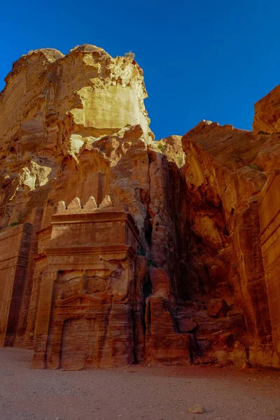 Vertikal Bild Petra Tempel Siq Canyon Jordanien — Stockfoto