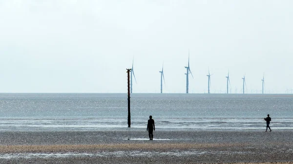 Dos Figuras Escultura Junto Mar Crosby Beach Inglaterra Con Turbinas — Foto de Stock