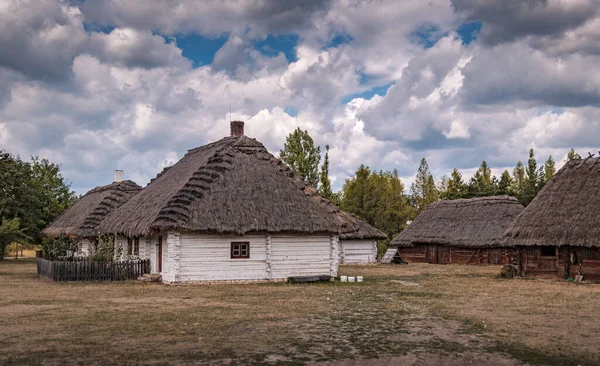 Kleine Landelijke Huizen Met Rieten Daken Onder Een Bewolkte Hemel — Stockfoto