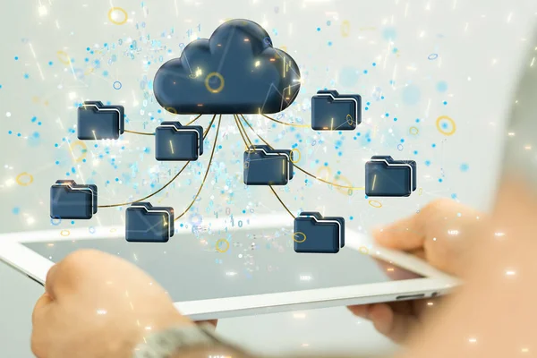 A 3D rendering of data cloud storage network icons over a mobile tablet