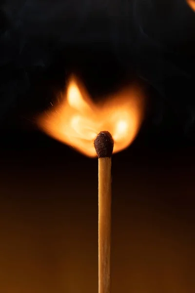 木棍在黑色背景上隔离的一根燃烧的木棍的垂直拍 — 图库照片