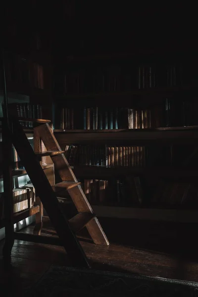 A beautiful view of a library in a dark room