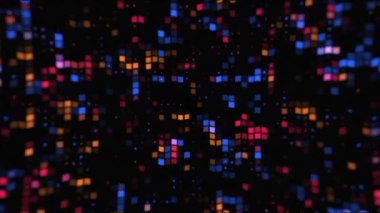 Renkli, parlak, küçük ışıkların soyut arka planı. Karanlık arka planda hareket ediyor ve parıldıyor.