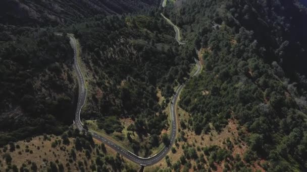 Lot Dronem Nad Górską Drogą Wężami Głębokie Zalesione Doliny Krajobrazy — Wideo stockowe