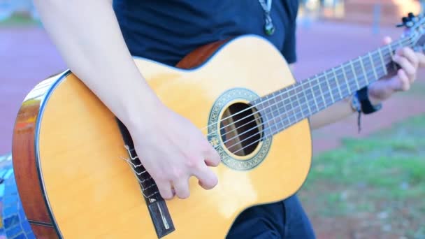 Beyaz Bir Erkeğin Klasik Bir Gitarın Tellerini Çalarkenki Yakın Çekimi — Stok video