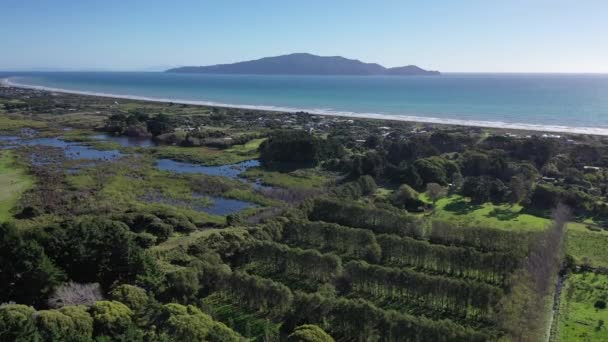 Een Antenne Uitzicht Peka Peka Beach Kapiti Island Nieuw Zeeland — Stockvideo