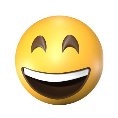 Beyaz arka planda sarı gülen bir emojinin 3 boyutlu bir çizimi