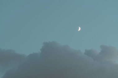 Ağaçların üzerindeki sisli gökyüzünde beyaz hilal