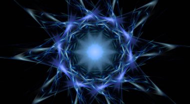 Dijital Render güzel, zarif mavi fraktal desenler dairesel ve akıcı enerji hatlarıyla yıldız oluşumları