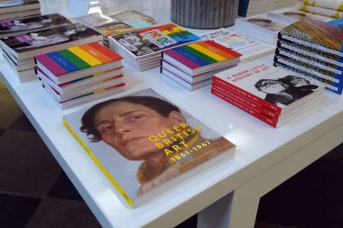 İngiltere 'deki York Sanat Galerisi' nde eşcinsel sanatı ve eşcinsel gurur kitaplarının sergisi.