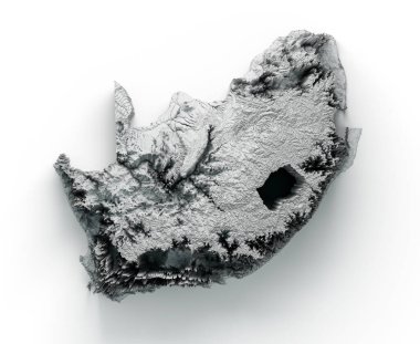 Beyaz zemin üzerinde gerçekçi bir Güney Afrika topoğrafi haritasının 3 boyutlu görüntüsü