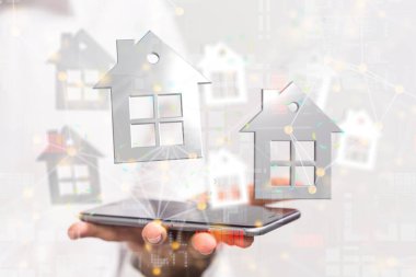 Cep telefonu ev verileri üzerinde yüzen ev simgelerinin üç boyutlu bir canlandırması, dijital siber uzay kavramı