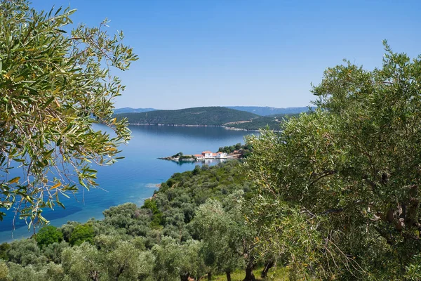 Beautiful Landscape Overlooking Sea Greece Holidays Mount Pelion Milina Village — Stock Photo, Image