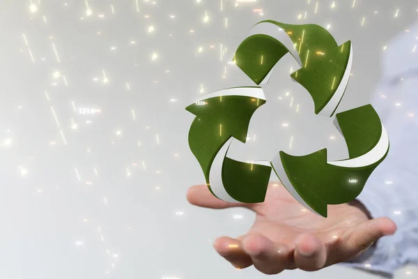 Eine Schwebende Grüne Recycling Ikone Auf Der Hand Eines Mannes — Stockfoto