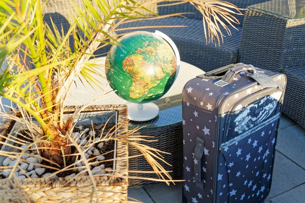 Travel Suit Case Earth Globe Staying Sunset Palm Tree — Stock Photo, Image