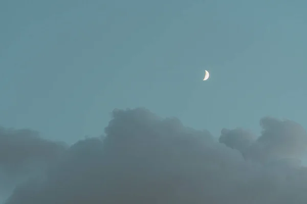 Λευκή Ημισέληνος Στον Ομιχλώδη Ουρανό Πάνω Από Δέντρα — Φωτογραφία Αρχείου